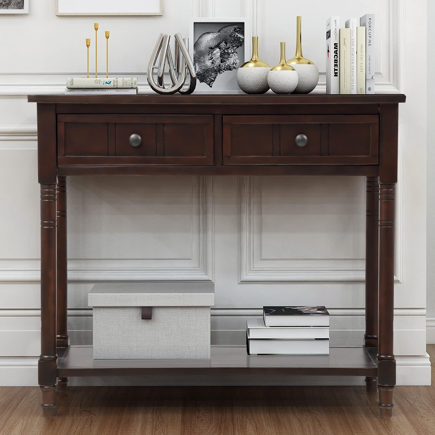 Merax Wood Sofa Table Console Table,Entryway Table Traditional Design with Two Drawers and Bottom Shelf for Living Room,Hallway,Dining Room,Espresso