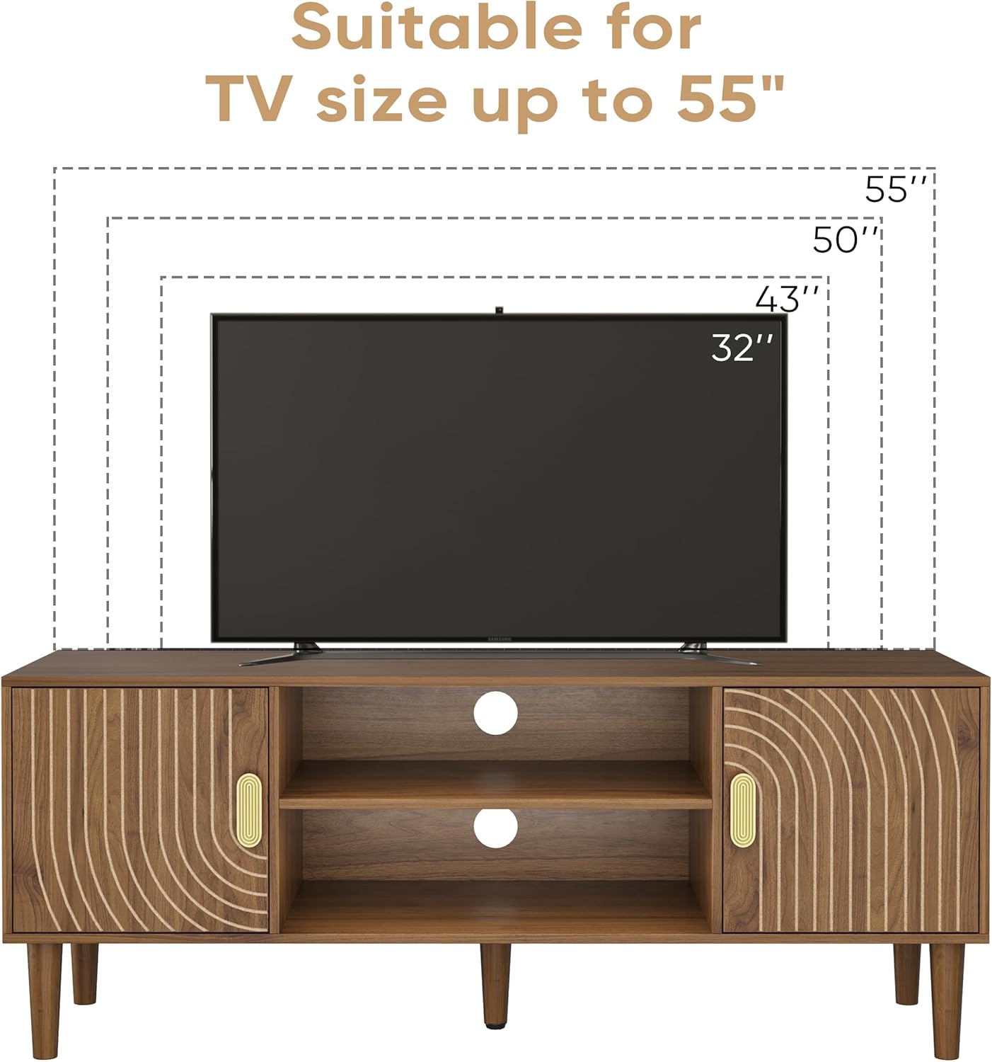 Smuxee Walnut TV Stand with Line Groove Design, 47.2' Mid Century Modern TV Media Console for TVs up to 55', TV Cabinet with Adjustable Shelf & 2 Cabinets for Living Room