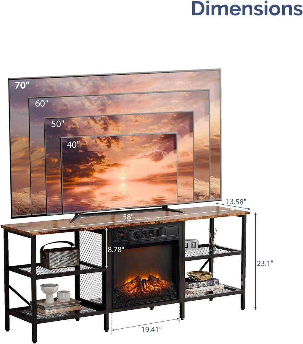 Bonnlo Industrial Fireplace TV Stand, 58' Entertainment Center with 18' Electric Fireplace Heater, TV Console with Open Metal Mesh Frame & Shelves up for 70 Inch TVs, Rustic Brown