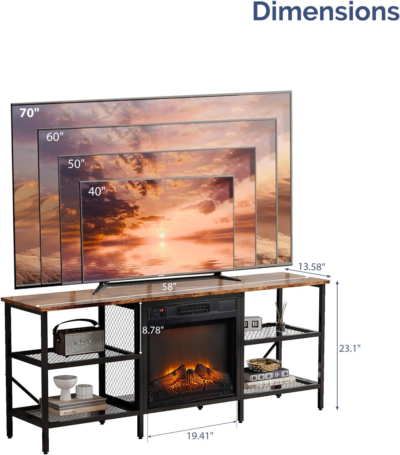 Bonnlo Industrial Fireplace TV Stand, 58' Entertainment Center with 18' Electric Fireplace Heater, TV Console with Open Metal Mesh Frame & Shelves up for 70 Inch TVs, Rustic Brown
