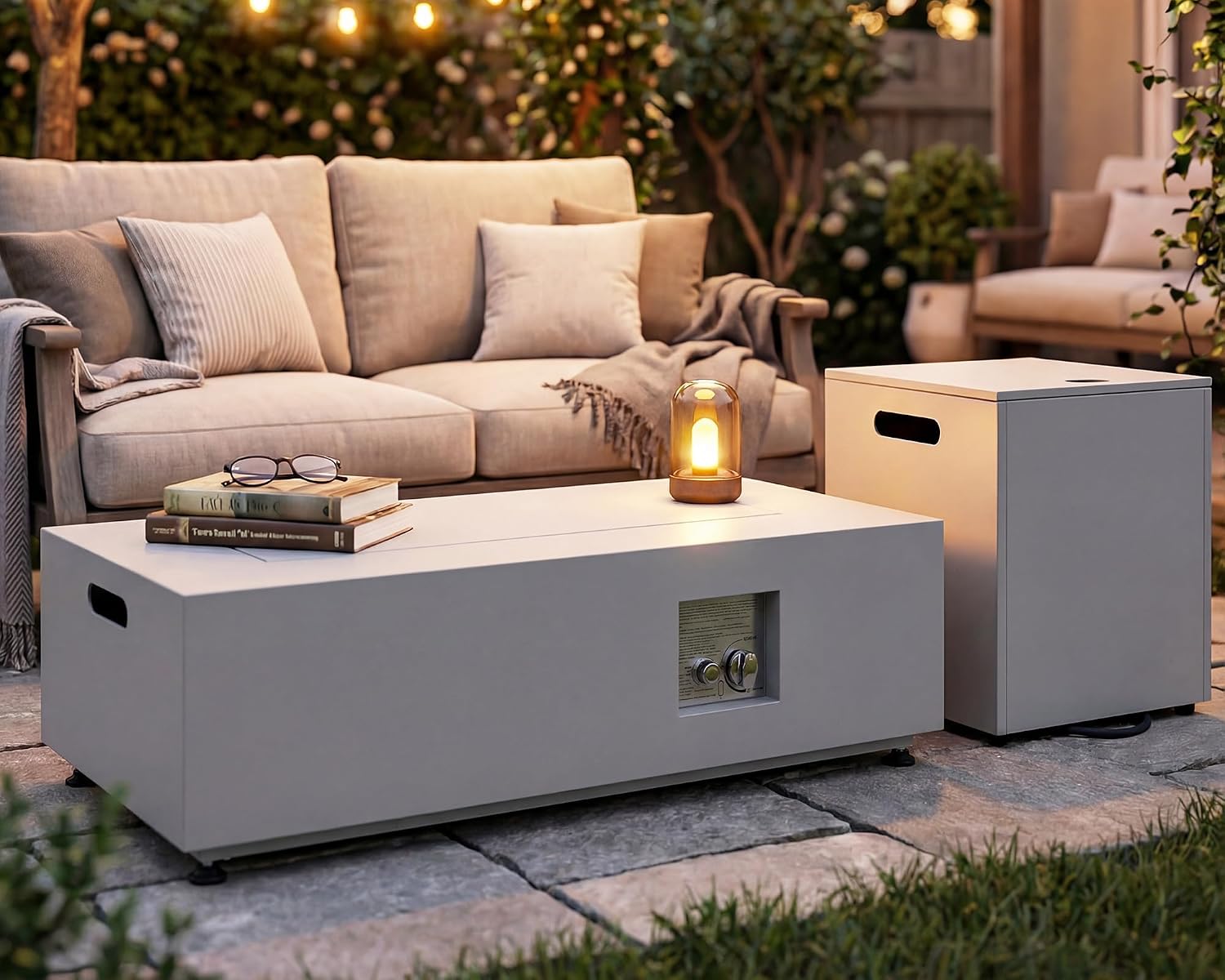 BULEXYARD 42'' Rectangle Propane Fire Pit Table, Low-Profile Outdoor Fireplace with Tank Table & Rain Cover, 50,000 BTU CSA Certified, Modern Patio Fire Table for Backyard, Porch & Deck, Light Grey