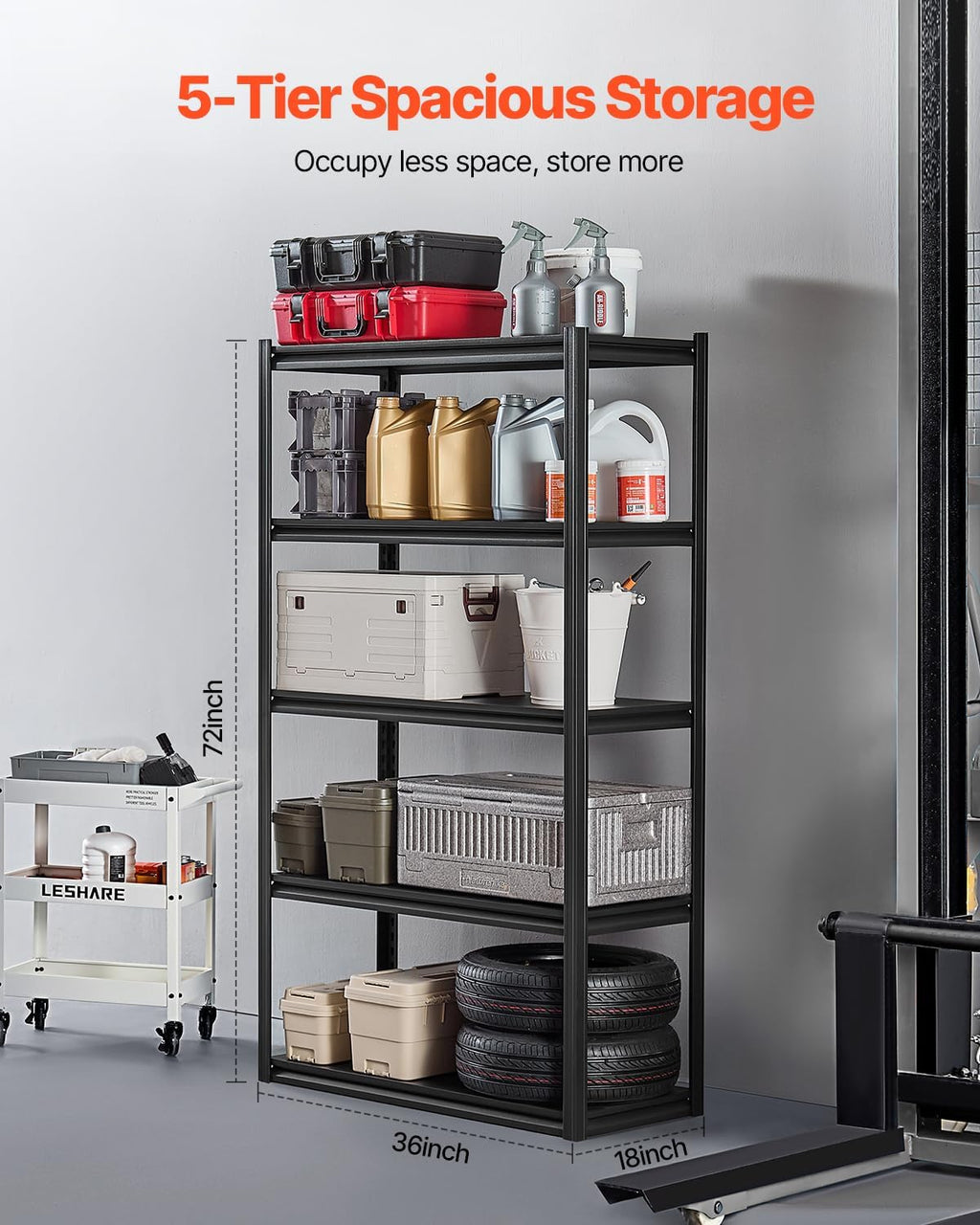 VEVOR Storage Shelves, 2000 lbs, 5 Tier Garage Storage Shelving, 18' D x 40' W x 72' H Adjustable Metal Shelves for Garage Shelves Utility Rack Shelf, Ideal for Kitchen, Warehouse, Basement, Black