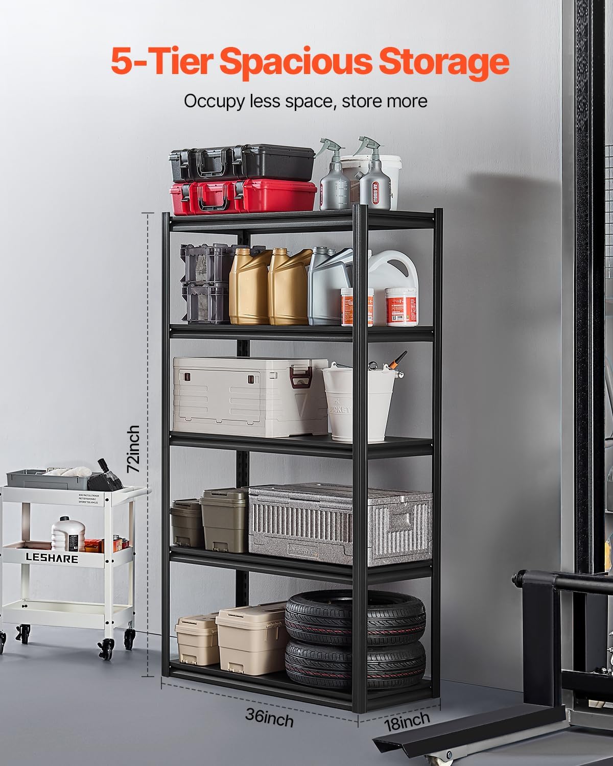 VEVOR Storage Shelves, 2000 lbs, 5 Tier Garage Storage Shelving, 18' D x 40' W x 72' H Adjustable Metal Shelves for Garage Shelves Utility Rack Shelf, Ideal for Kitchen, Warehouse, Basement, Black