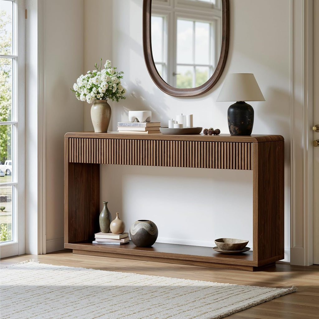Evermagin 59'' Walnut Entryway Table with Drawers, Fluted Console Table, Mid Century Modern Sofa Table with Storage for Living Room, Entrance, Hallway