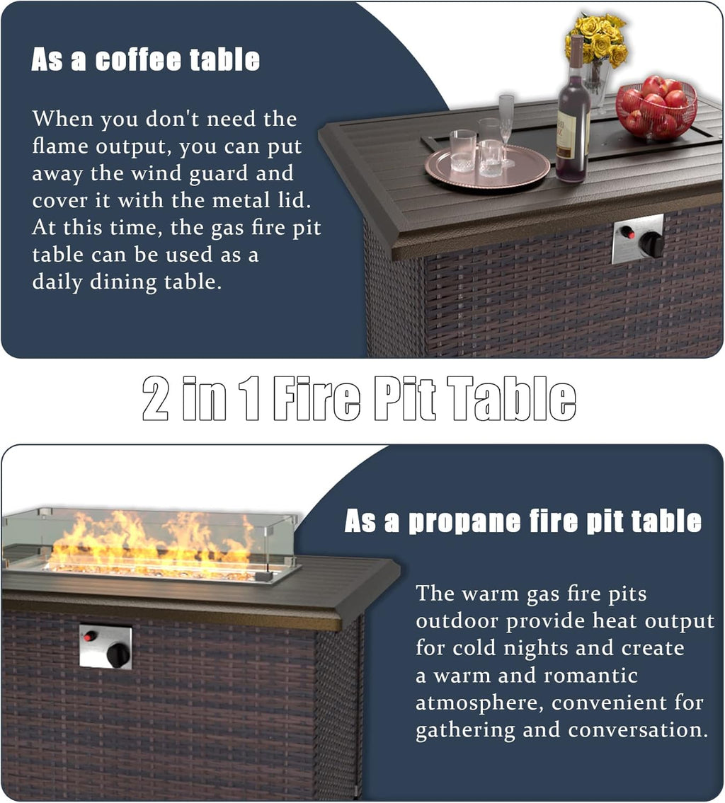 43' Propane Fire Pit Table 55,000 BTU, Gas Fire Pit with Glass Wind Guard and Metal Lid,CSA Certification Outdoor Fire Pit Auto-Ignition