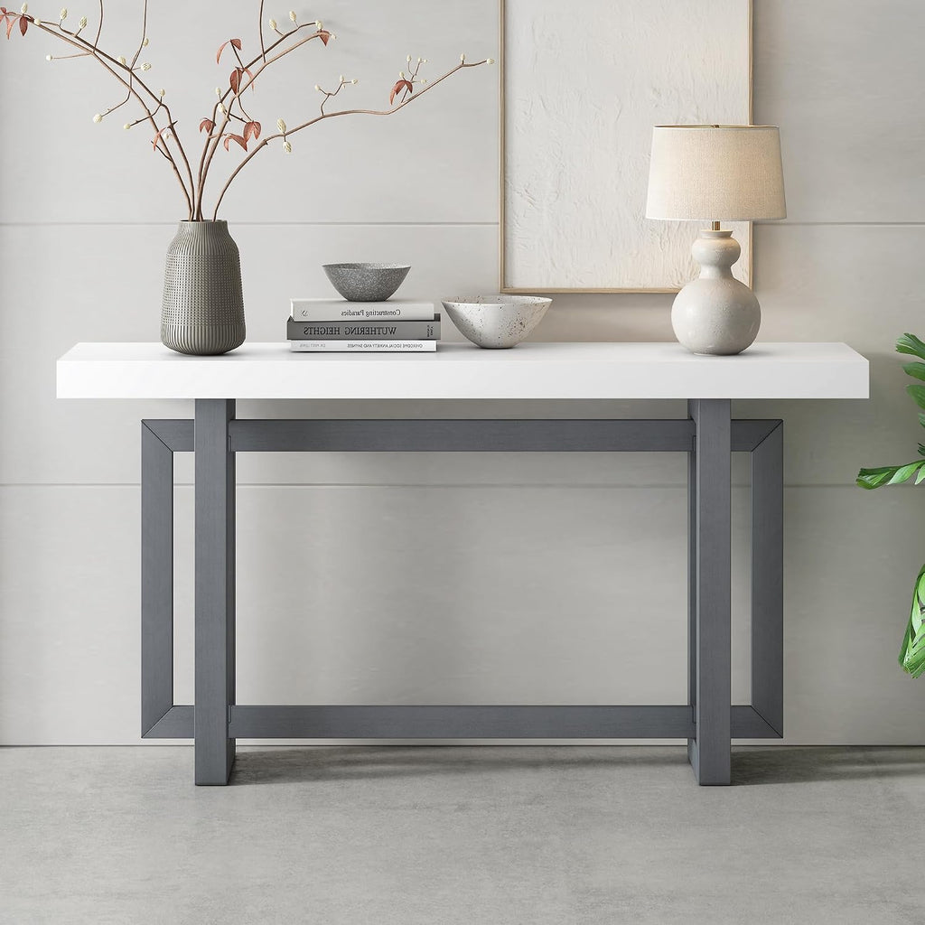 Merax 60 in White Gray Console Table, White Gray Entryway Table with Minimalist Industrial Style for Entry Way, Hallway, Living Room, Foyer