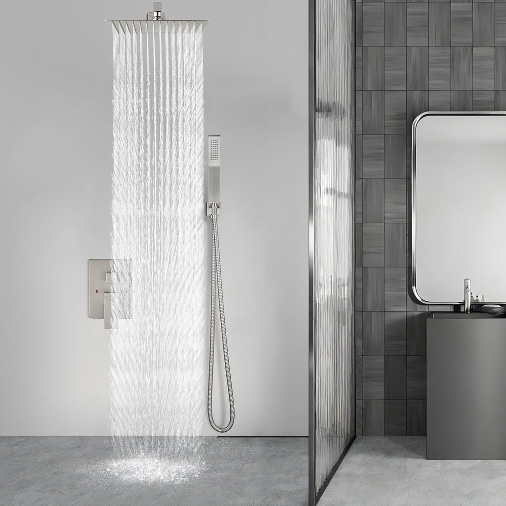 Aolemi Shower Faucet Set Rain Shower System with Handheld Spray Bathroom Shower Combo Rough-in Valve and Shower Trim Kit Included Brushed Nickel 16 Inch Wall Mount Shower Head