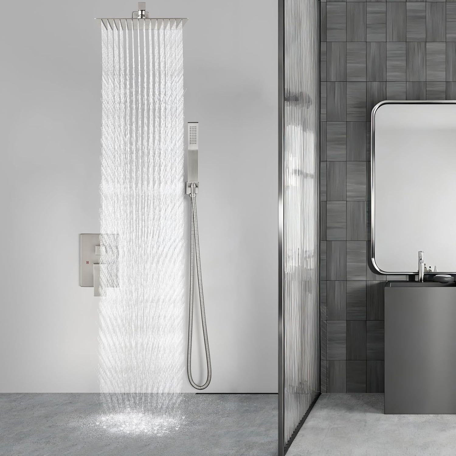 Aolemi Shower Faucet Set Rain Shower System with Handheld Spray Bathroom Shower Combo Rough-in Valve and Shower Trim Kit Included Brushed Nickel 16 Inch Wall Mount Shower Head