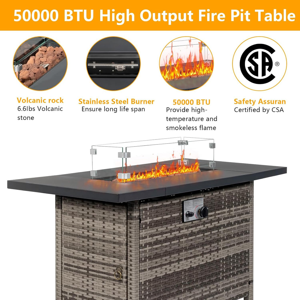VINGLI Fire Pit Table, 43 'Gas Firepit Table, 50,000 BTU Outdoor Propane Fire Pit, Rattan Finish, Spliced Metal Tabletop, Lava Rock, Rain Cover, Windshiel for Patio Garden or Thanksgiving - Grey