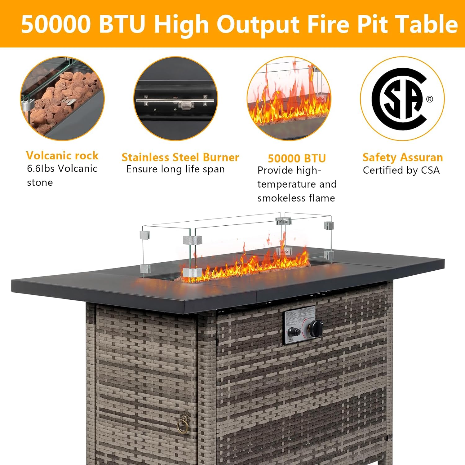 VINGLI Fire Pit Table, 43 'Gas Firepit Table, 50,000 BTU Outdoor Propane Fire Pit, Rattan Finish, Spliced Metal Tabletop, Lava Rock, Rain Cover, Windshiel for Patio Garden or Thanksgiving - Grey