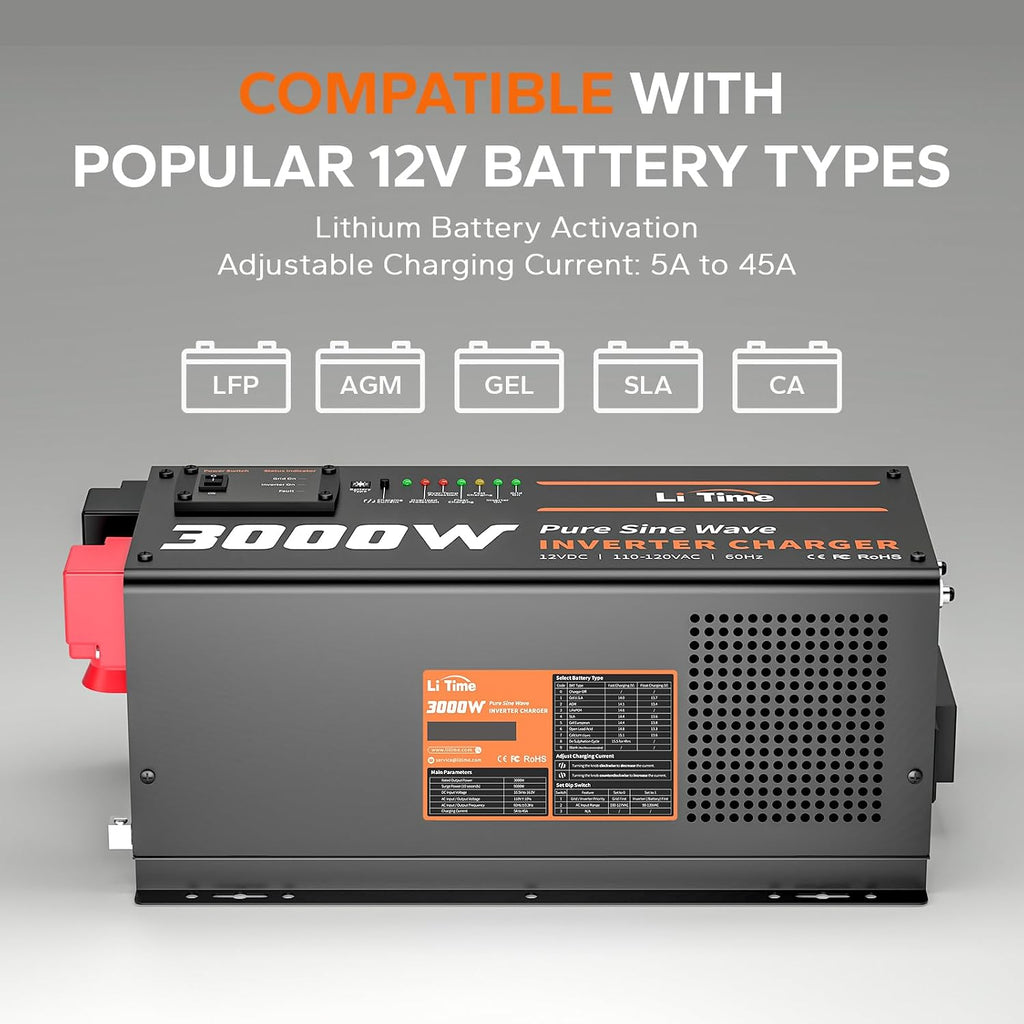 LiTime 3000W Pure Sine Wave Inverter Charger, 12V DC to 110V - 120V AC, 9000W Peak Power, 5A - 45A Adjustable Current, with Remote Control Panel, UPS Function, for RV and Home Backup