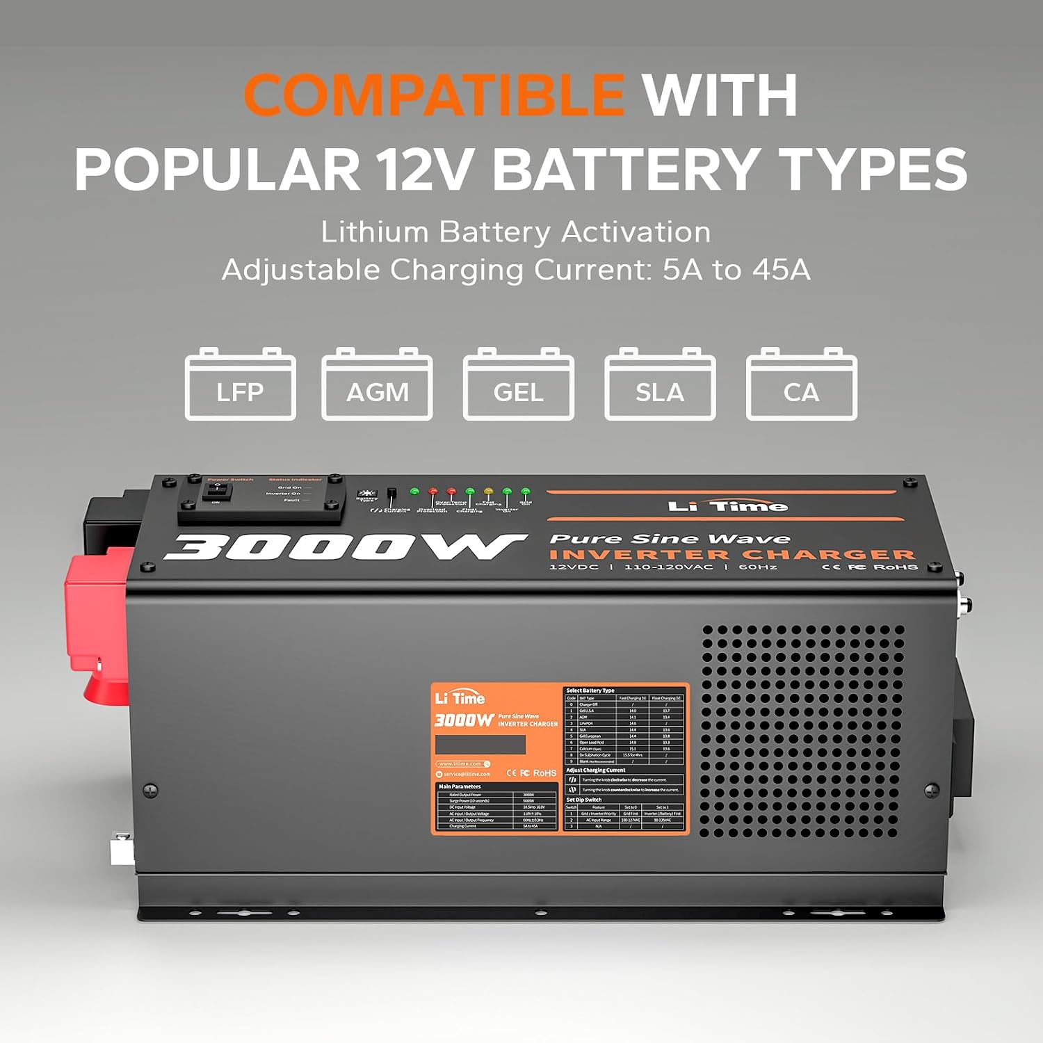 LiTime 3000W Pure Sine Wave Inverter Charger, 12V DC to 110V - 120V AC, 9000W Peak Power, 5A - 45A Adjustable Current, with Remote Control Panel, UPS Function, for RV and Home Backup