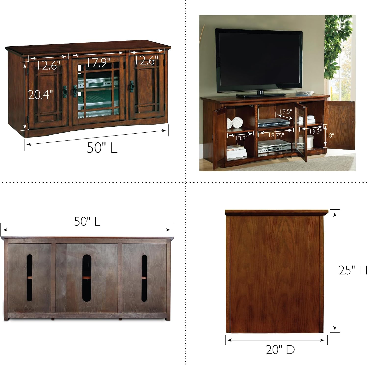 Leick Home 82350 Solid Wood Mission Oak Three Door TV Stand For 55' TVs Universal TV Console Living Room Storage Shelves Entertainment Center, Mission Oak