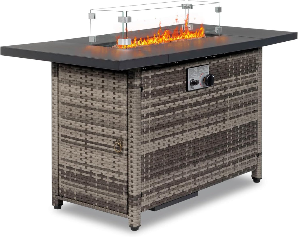 VINGLI Fire Pit Table, 43 'Gas Firepit Table, 50,000 BTU Outdoor Propane Fire Pit, Rattan Finish, Spliced Metal Tabletop, Lava Rock, Rain Cover, Windshiel for Patio Garden or Thanksgiving - Grey