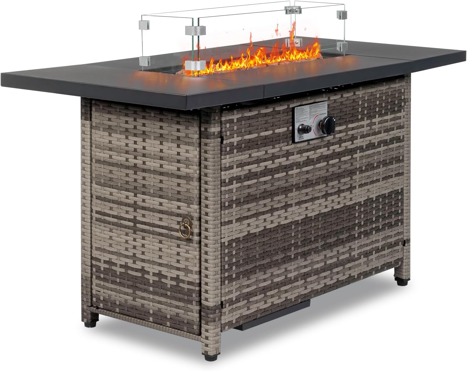 VINGLI Fire Pit Table, 43 'Gas Firepit Table, 50,000 BTU Outdoor Propane Fire Pit, Rattan Finish, Spliced Metal Tabletop, Lava Rock, Rain Cover, Windshiel for Patio Garden or Thanksgiving - Grey