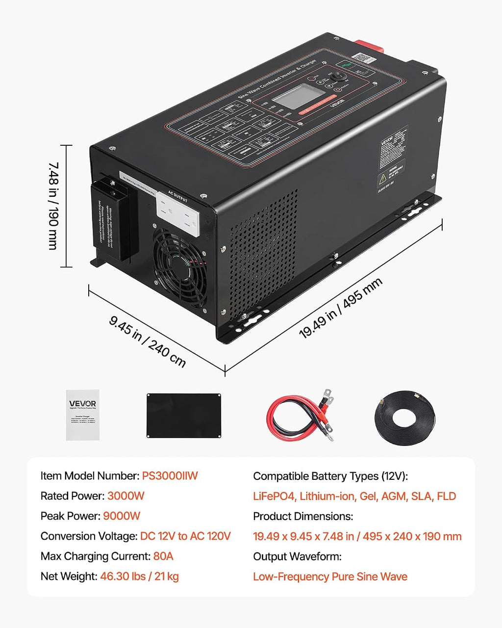 VEVOR Pure Sine Wave Inverter Charger, 3000W, DC 12V to AC 120V Power Inverter with LCD Display, Remote Control, Low Frequency, for RV Camper Home, Compatible with 12V LiFePO4 and Lithium Batteries