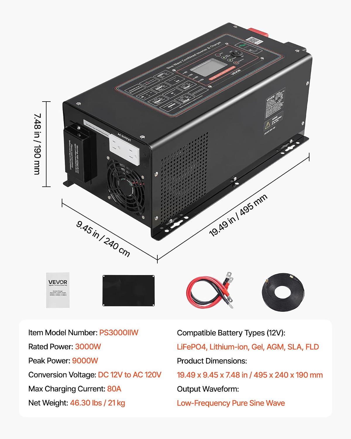 VEVOR Pure Sine Wave Inverter Charger, 3000W, DC 12V to AC 120V Power Inverter with LCD Display, Remote Control, Low Frequency, for RV Camper Home, Compatible with 12V LiFePO4 and Lithium Batteries