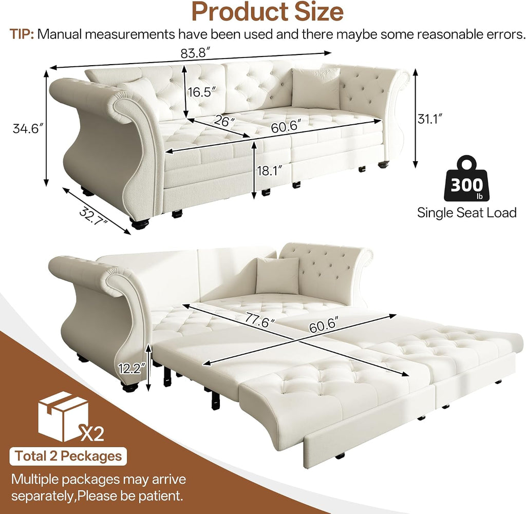 83.8' Queen Size Sleeper Sofa Bed, 3-in-1 Convertible Pull Out Chesterfield Sleeper Couch, Oversized Velvet Flower Button Tufted Loveseat Sofa for Living Room Small Spaces, Beige White