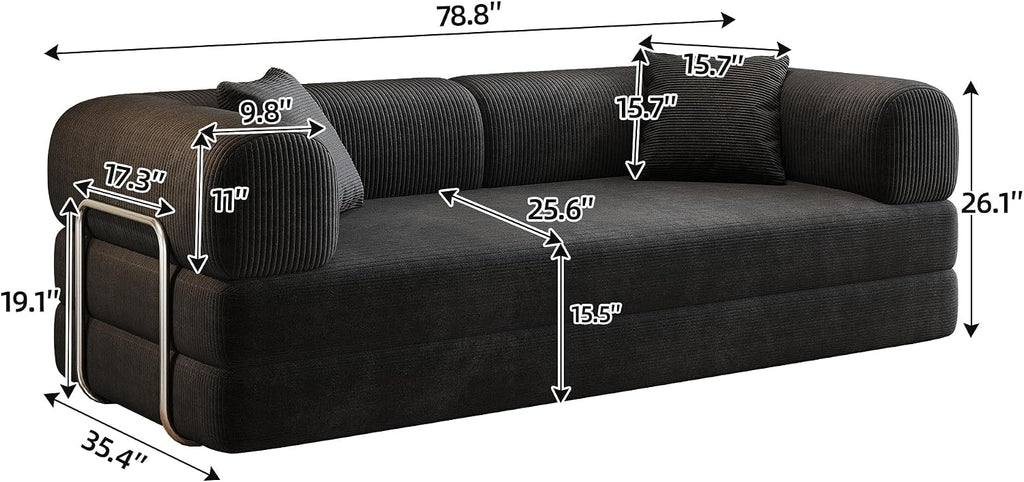 Ball & Cast 78.8' No-Assembly Compressed Sofa Bed, Convertible Floor Futon Couch with Pillow Backrest & Armrest, Boneless Modular Sleeper Sofa in Corduroy for Living Room Bedroom, Black