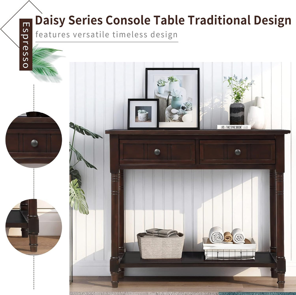 Merax Wood Sofa Table Console Table,Entryway Table Traditional Design with Two Drawers and Bottom Shelf for Living Room,Hallway,Dining Room,Espresso