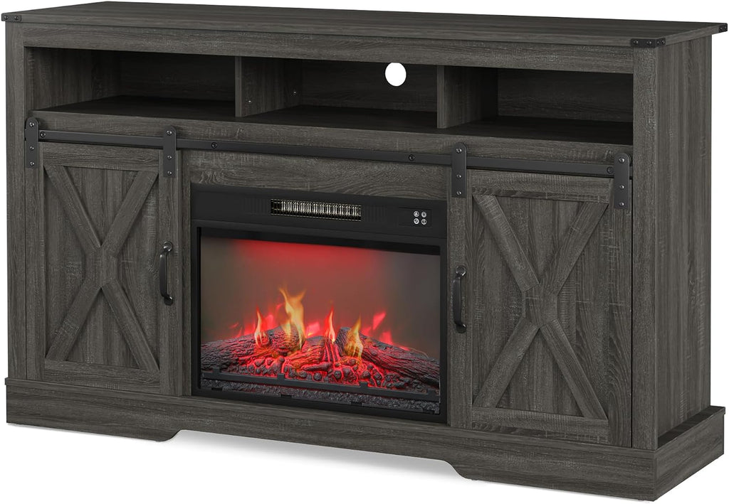 RoyalCraft Fireplace TV Stand for 65+ Inch TV, 34' Tall Farmhouse Entertainment Center with 23' Electric Fireplace,Rustic Media Console with Sliding Bar Door for Living Room, Grey