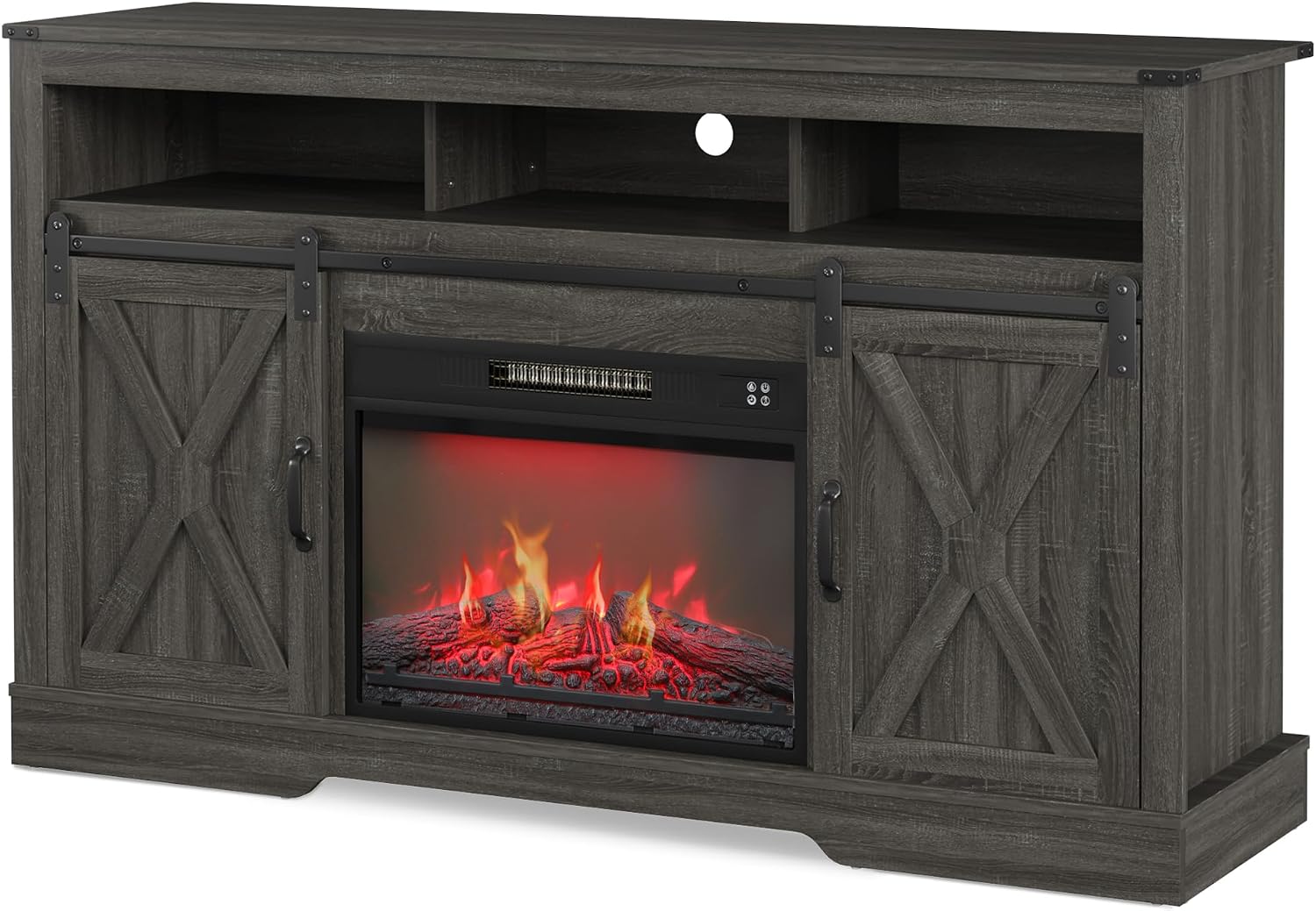 RoyalCraft Fireplace TV Stand for 65+ Inch TV, 34' Tall Farmhouse Entertainment Center with 23' Electric Fireplace,Rustic Media Console with Sliding Bar Door for Living Room, Grey