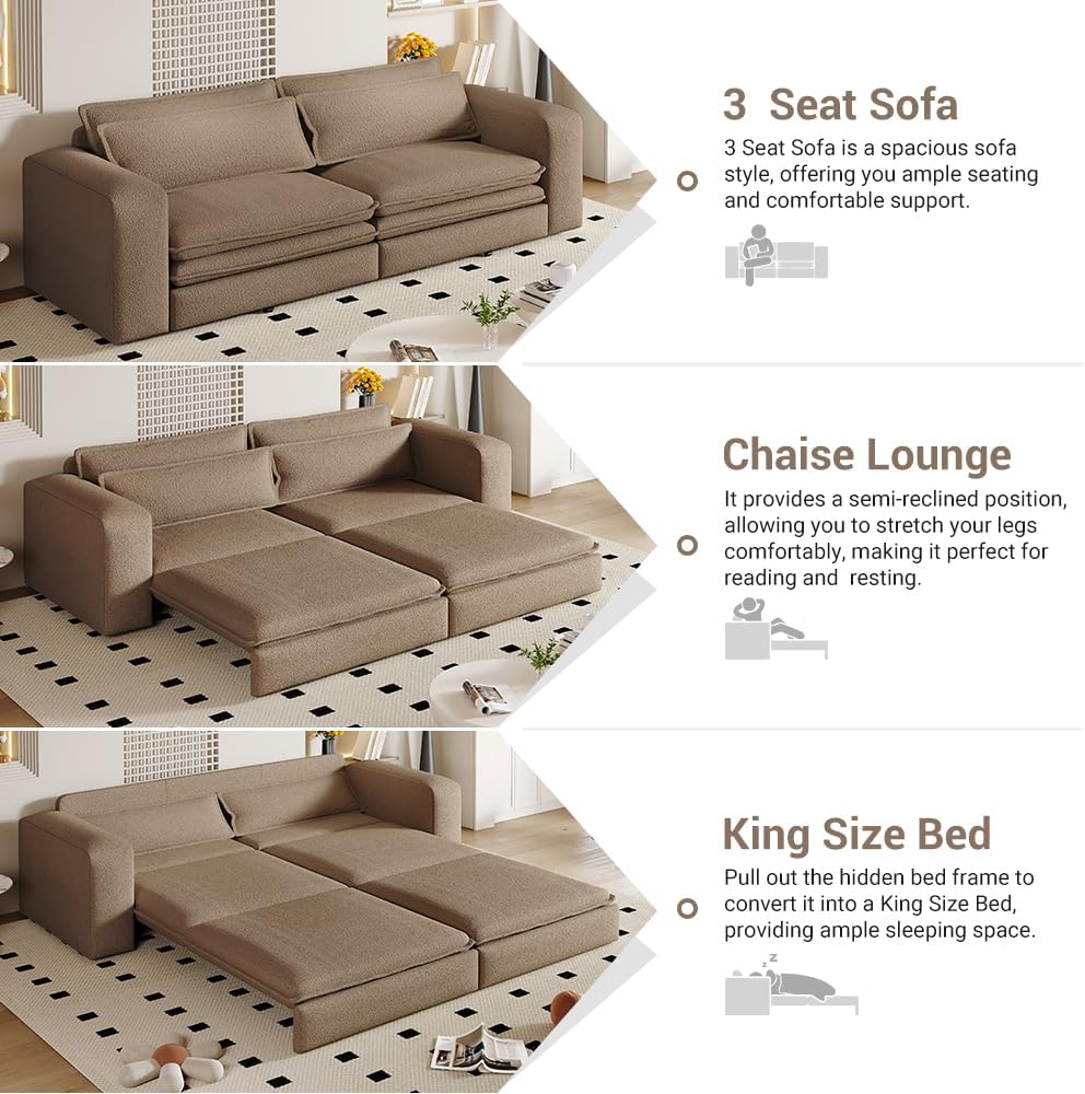 Eafurn 3 in 1 Convertible Pull Out Sleeper Sofa Couch Bed King Size,93' Oversized Recliner Loveseat Chaise Lounge Sofabed Daybed with Thickness Cushions for Living Room Office