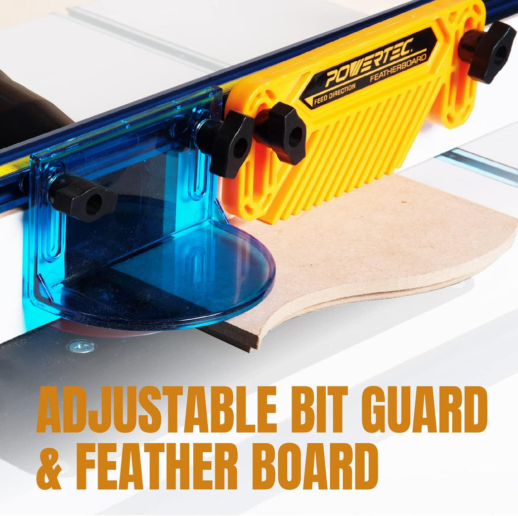 POWERTEC Router Table Fence System 3-1/2' Tall 32' Long, Router Fence Kit with Adjustment Knob, Aluminum Flip Stop, Measuring Tape, Feather Board, Bit Guard, and Built-In 2-1/2' Dust Port - 71655