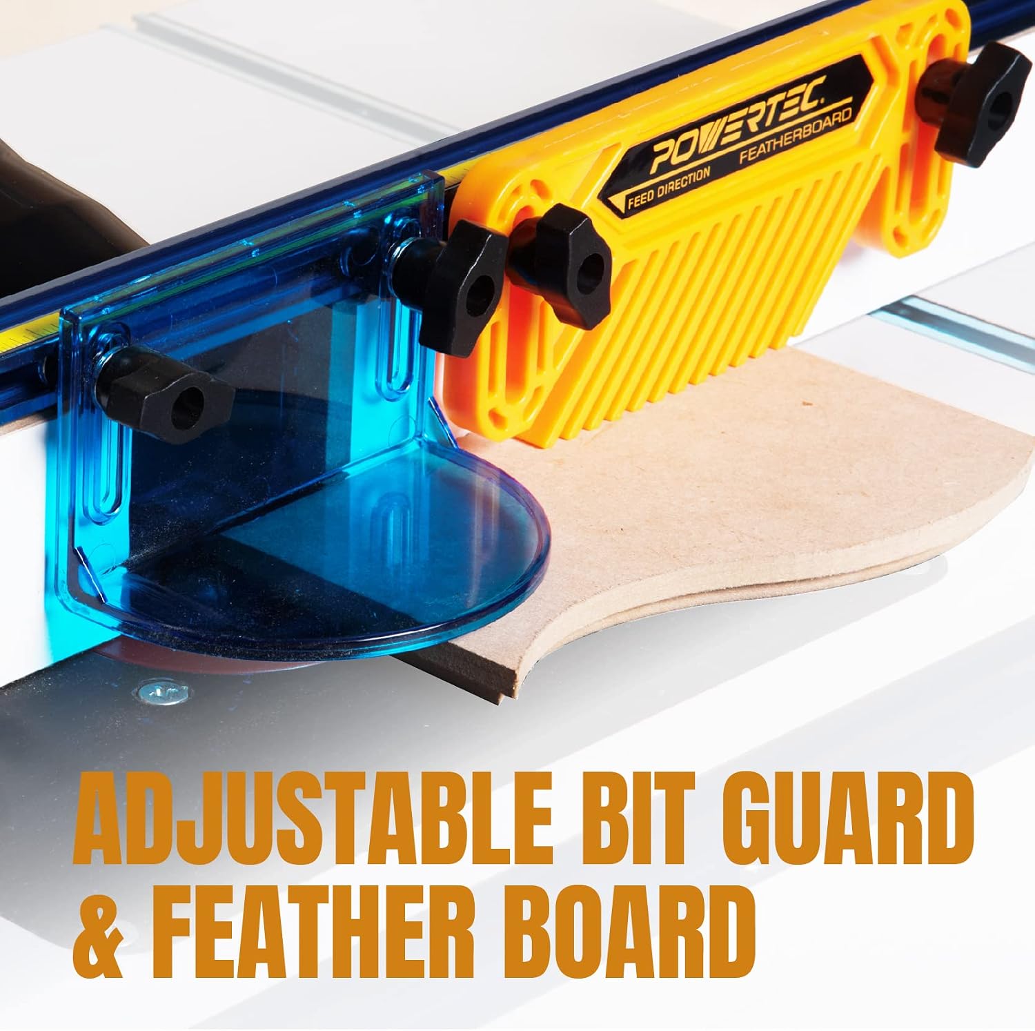 POWERTEC Router Table Fence System 3-1/2' Tall 32' Long, Router Fence Kit with Adjustment Knob, Aluminum Flip Stop, Measuring Tape, Feather Board, Bit Guard, and Built-In 2-1/2' Dust Port - 71655