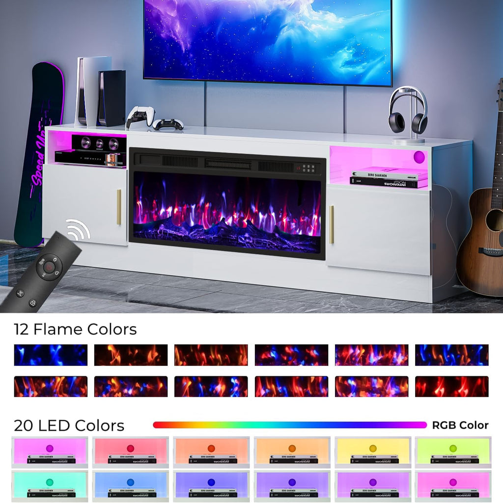 TV Stand with Fireplace, 70 Inch Fire Places TV Stand for Living Room, 36' White Electric Fireplace TV Stands, LED Entertainment Center with Fireplace, Up to 80' TVs