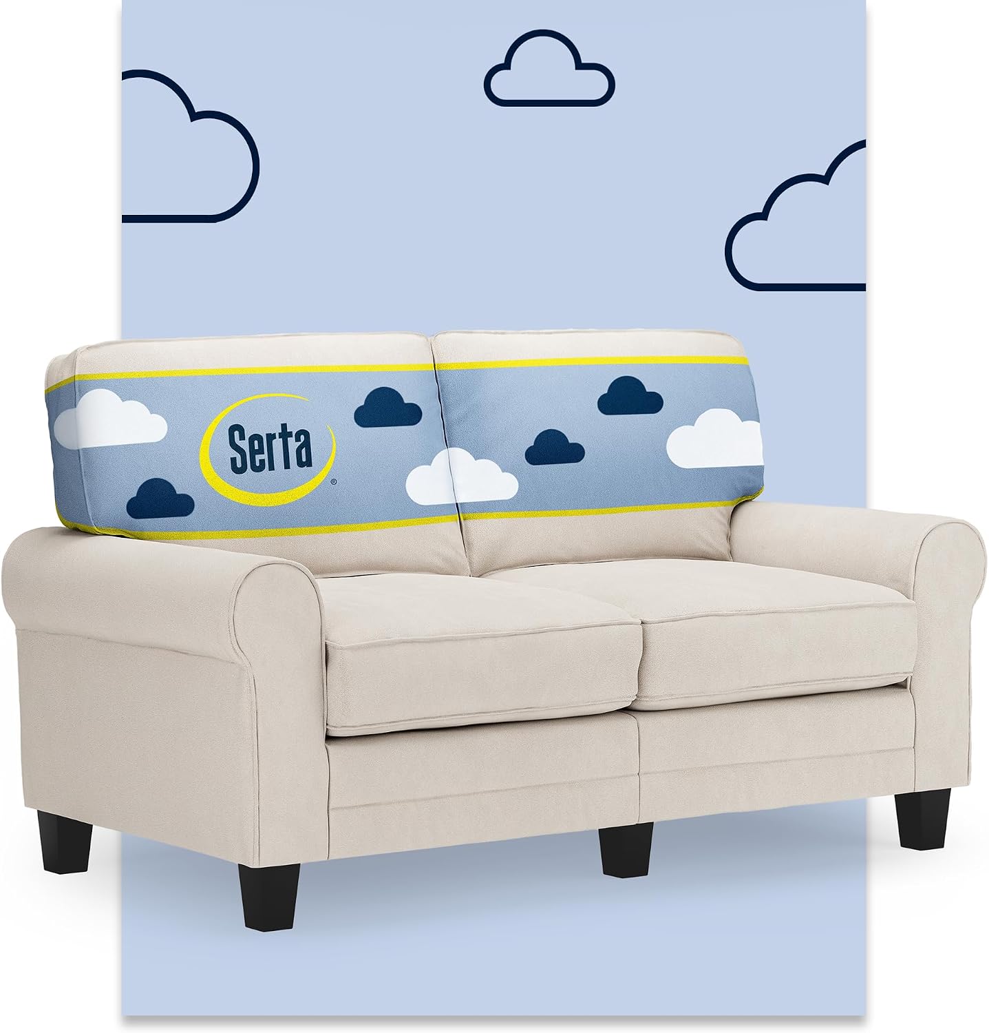 Serta Copenhagen 61' Rolled Arm Sofa, Easy Care Polyester, Soft Pillow Back, Pocket Coil Seat Cushions, Removable Covers, Loveseat or Couch for Small Spaces, Living Rooms or Bedrooms, Cream White
