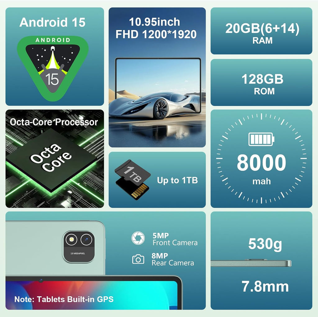Azeyou 11 Inch Android 15 Tablet 20GB RAM 128GB ROM 1TB Expand, 8000mAh Octa-Core 5G Tablet, 1920x1200 HD IPS Display GPS Wi-Fi 6 Tablet, Widevine L1 Metal Green