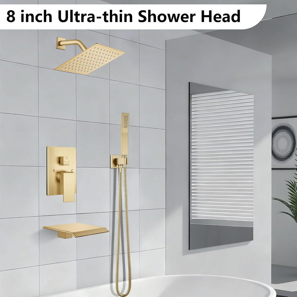 Midanya Shower System with Tub Spout,Bathtub Shower Faucet Set with Square Rainfall Head and Handheld Sprayer Wall Mount Tub Faucet Set with Valve and Trim Kit,8 Inch Brushed Gold