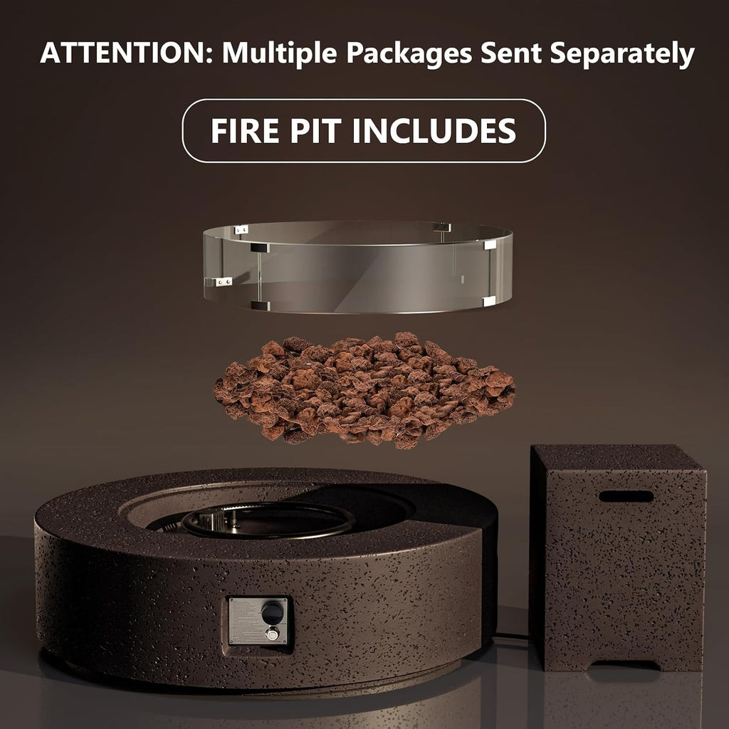 COSIEST 42 inch Outdoor Propane Fire Pit Coffee Table w Concrete Round Base Patio Heater, Certified, 50,000 BTU Stainless Steel Burner, Free Lava Rocks, Rain Cover, Wind Guard, Tank Cover