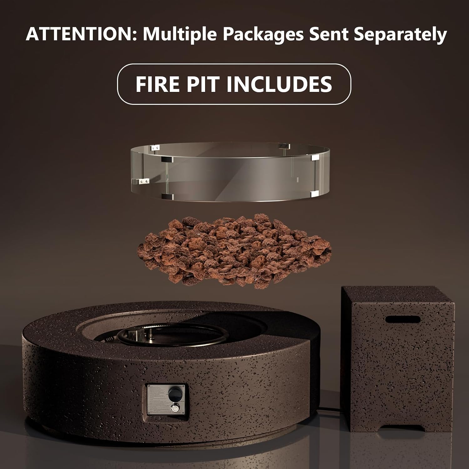 COSIEST 42 inch Outdoor Propane Fire Pit Coffee Table w Concrete Round Base Patio Heater, Certified, 50,000 BTU Stainless Steel Burner, Free Lava Rocks, Rain Cover, Wind Guard, Tank Cover