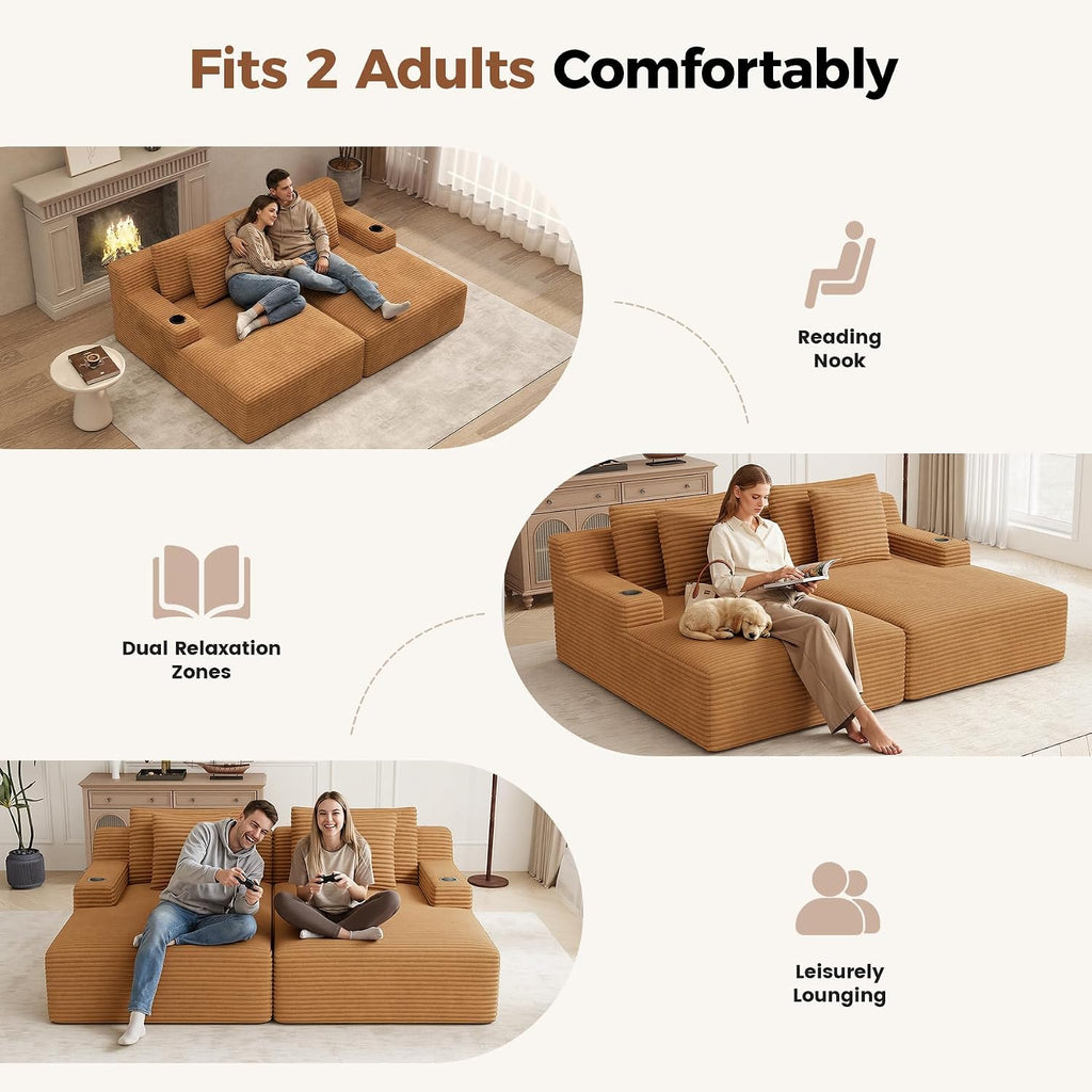 Luxanimarion 80'' Double Chaise Lounge Chair Indoor, Non-Assembly Deep Seat Sofa with Cup Holders Boneless Bed with 4pcs Pillows for Living Room Bedroom, Camel-Corduroy