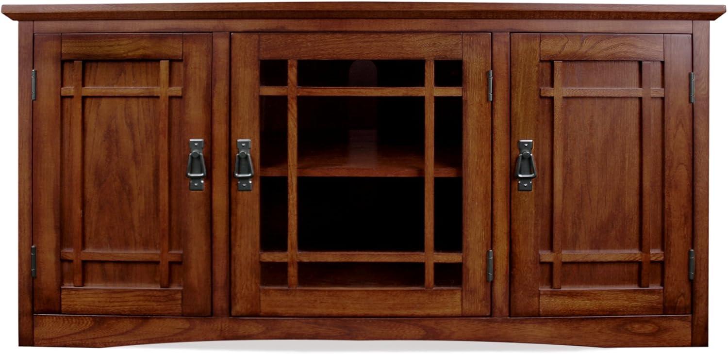 Leick Home 82350 Solid Wood Mission Oak Three Door TV Stand For 55' TVs Universal TV Console Living Room Storage Shelves Entertainment Center, Mission Oak