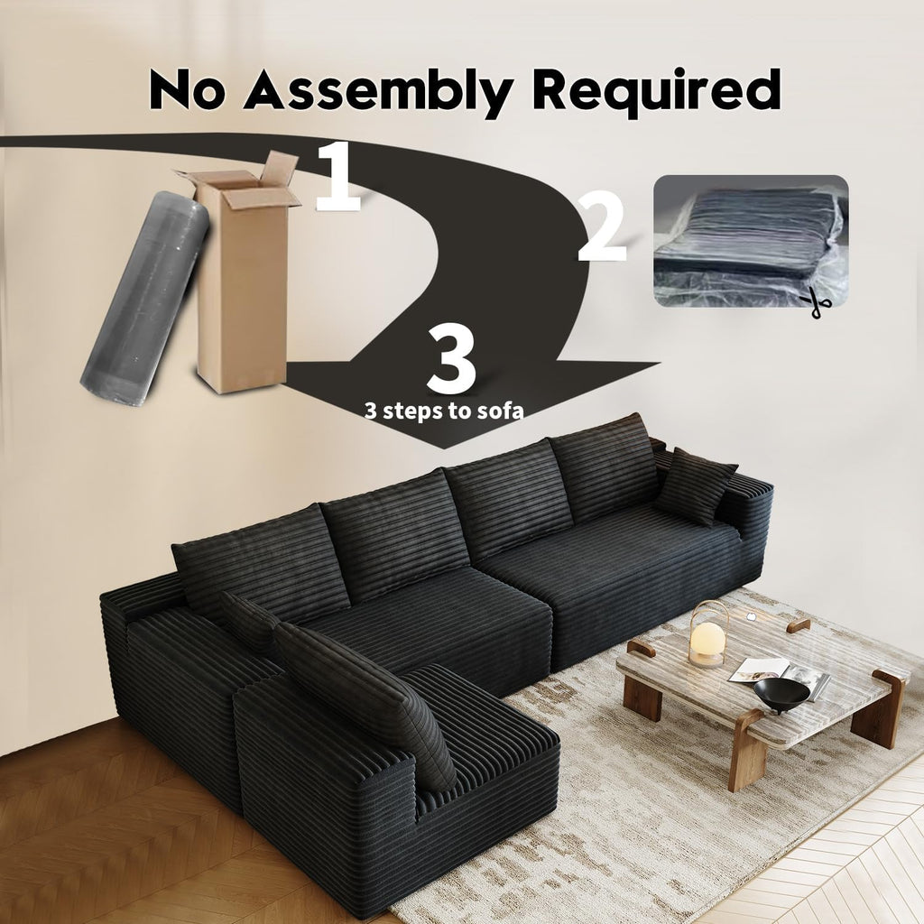 139.4' Modular Sectional Sofa, L-Shaped Minimalist Couches with Middle Seat Chaise, Modern Deep Seat Convertible Sleeper Sofa,Cloud Plush Corduroy Fabric, No Assembly Required, 5 Seater, Black