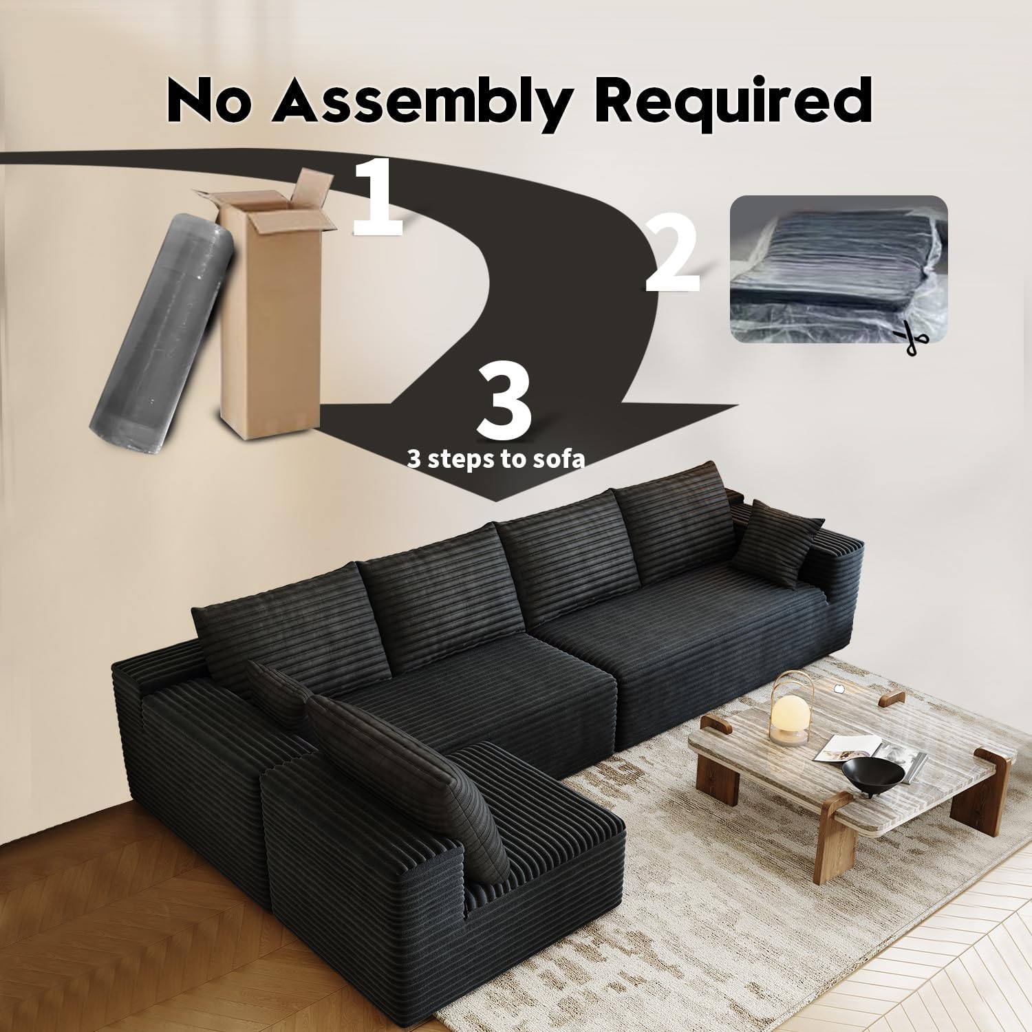 139.4' Modular Sectional Sofa, L-Shaped Minimalist Couches with Middle Seat Chaise, Modern Deep Seat Convertible Sleeper Sofa,Cloud Plush Corduroy Fabric, No Assembly Required, 5 Seater, Black