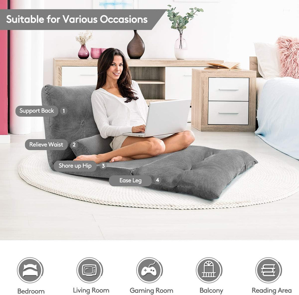 Giantex Adjustable Floor Sofa Couch with 2 Pillows, Multi-Functional 6-Position Foldable Lazy Sofa Sleeper Bed, Multi-Functional Suede Floor Seating Sofa for Reading Gaming (Gray)