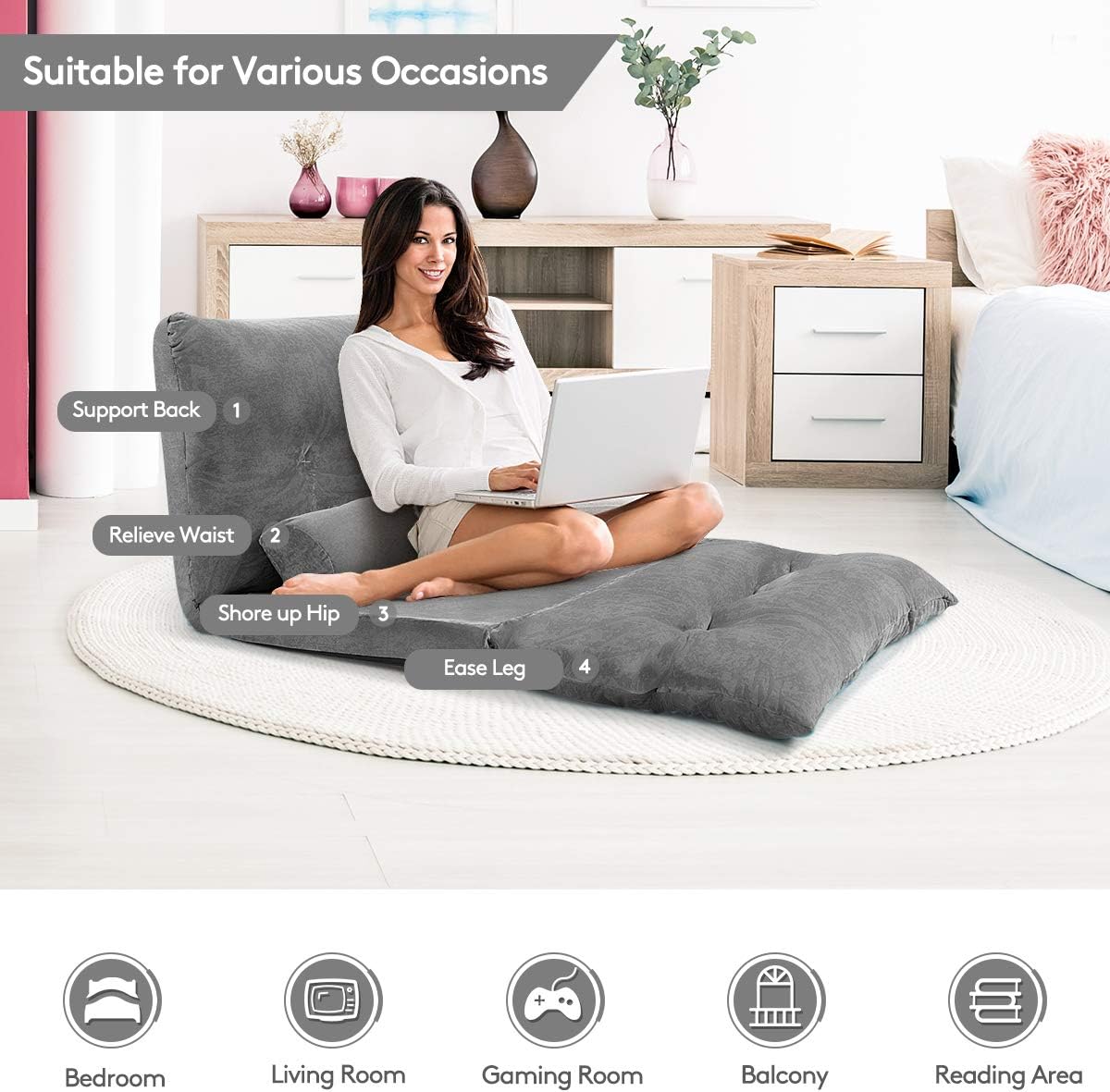 Giantex Adjustable Floor Sofa Couch with 2 Pillows, Multi-Functional 6-Position Foldable Lazy Sofa Sleeper Bed, Multi-Functional Suede Floor Seating Sofa for Reading Gaming (Gray)