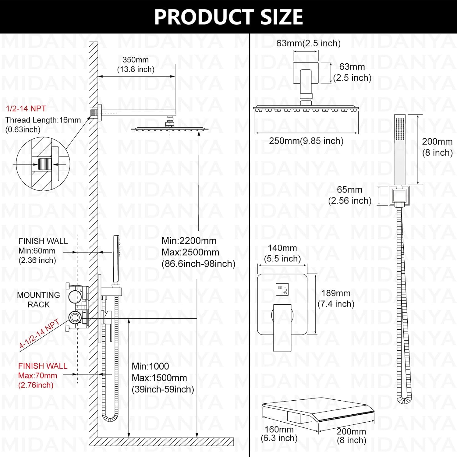 Midanya Shower System with Tub Spout,Bathtub Shower Faucet Set with Square Rainfall Head and Handheld Sprayer Wall Mount Tub Faucet Set with Valve and Trim Kit,10 Inch Brushed Nickel