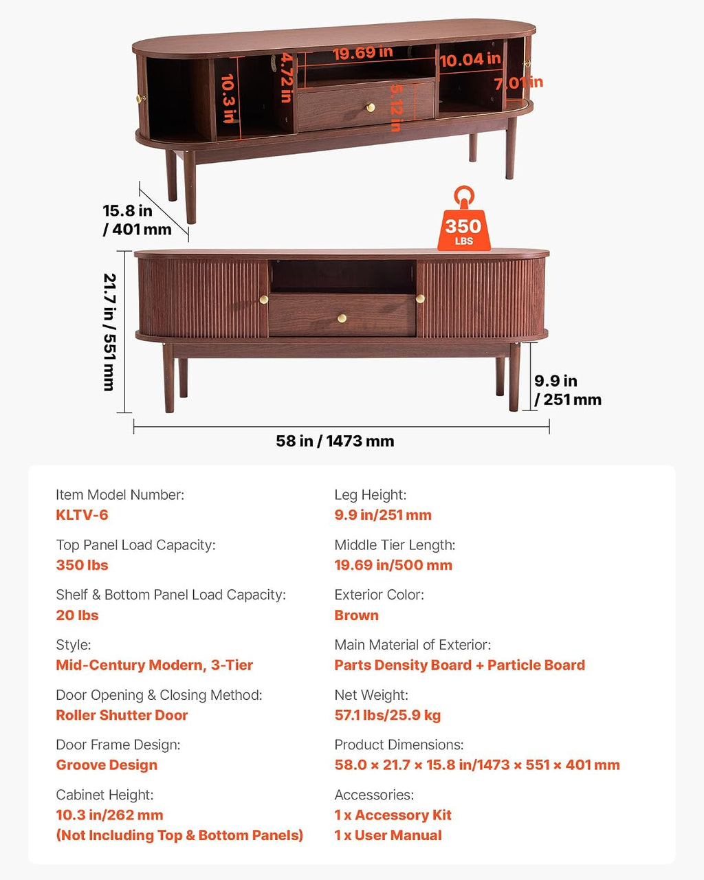 VEVOR Boho Fluted TV Stand with Storage and Drawer, for 55/60/65 inch TVs, Mid Century Modern Entertainment Center TV Console with Sliding Tambour Door & Open Shelves for Living Room, Bedroom, Walnut