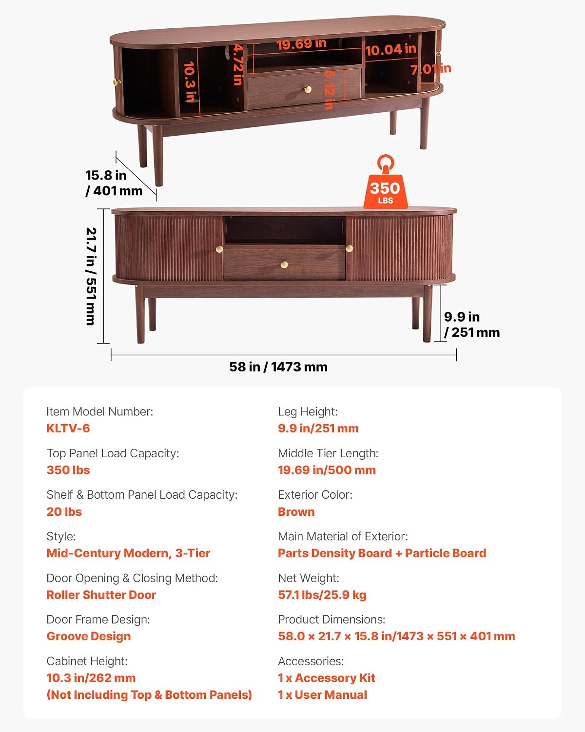 VEVOR Boho Fluted TV Stand with Storage and Drawer, for 55/60/65 inch TVs, Mid Century Modern Entertainment Center TV Console with Sliding Tambour Door & Open Shelves for Living Room, Bedroom, Walnut