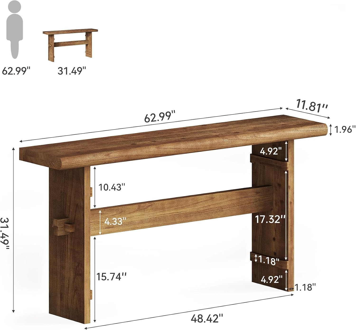 TRIBEWOOD 63-Inch Solid Wood Console Table for Entryway, Narrow Long Farmhouse Sofa Table Behind Couch, for Foyer, Hallway, Living Room, Easy Asswmbly, Brown