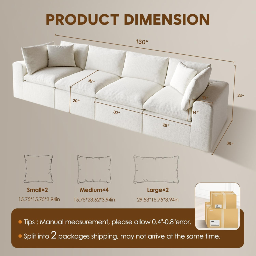 130' Oversized Boneless Cloud Couch, Modular Sectional Couches for Living Room, L-Shaped with Deep Seats, No Assembly Required, 4-Seater Washable Fabric Sleeper Sofa, White