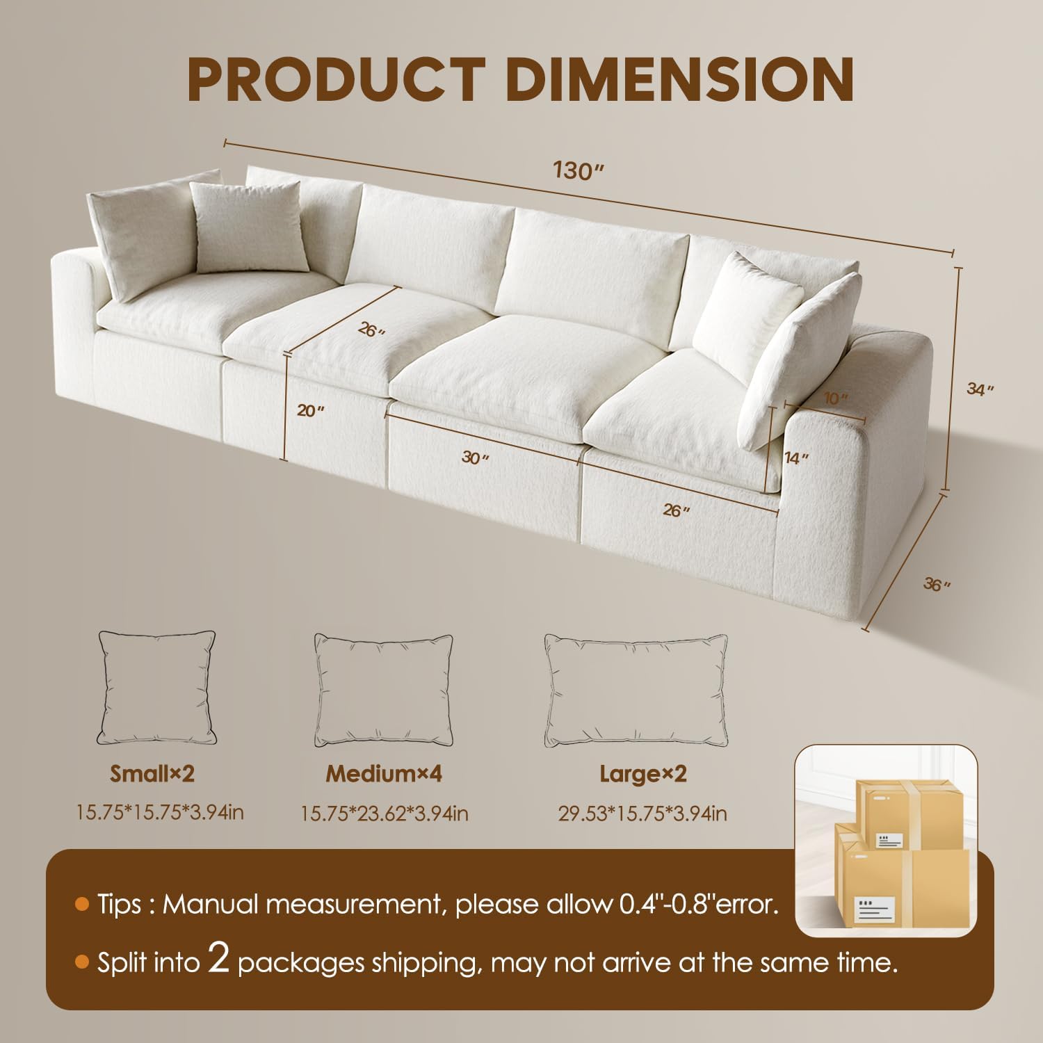 130' Oversized Boneless Cloud Couch, Modular Sectional Couches for Living Room, L-Shaped with Deep Seats, No Assembly Required, 4-Seater Washable Fabric Sleeper Sofa, White