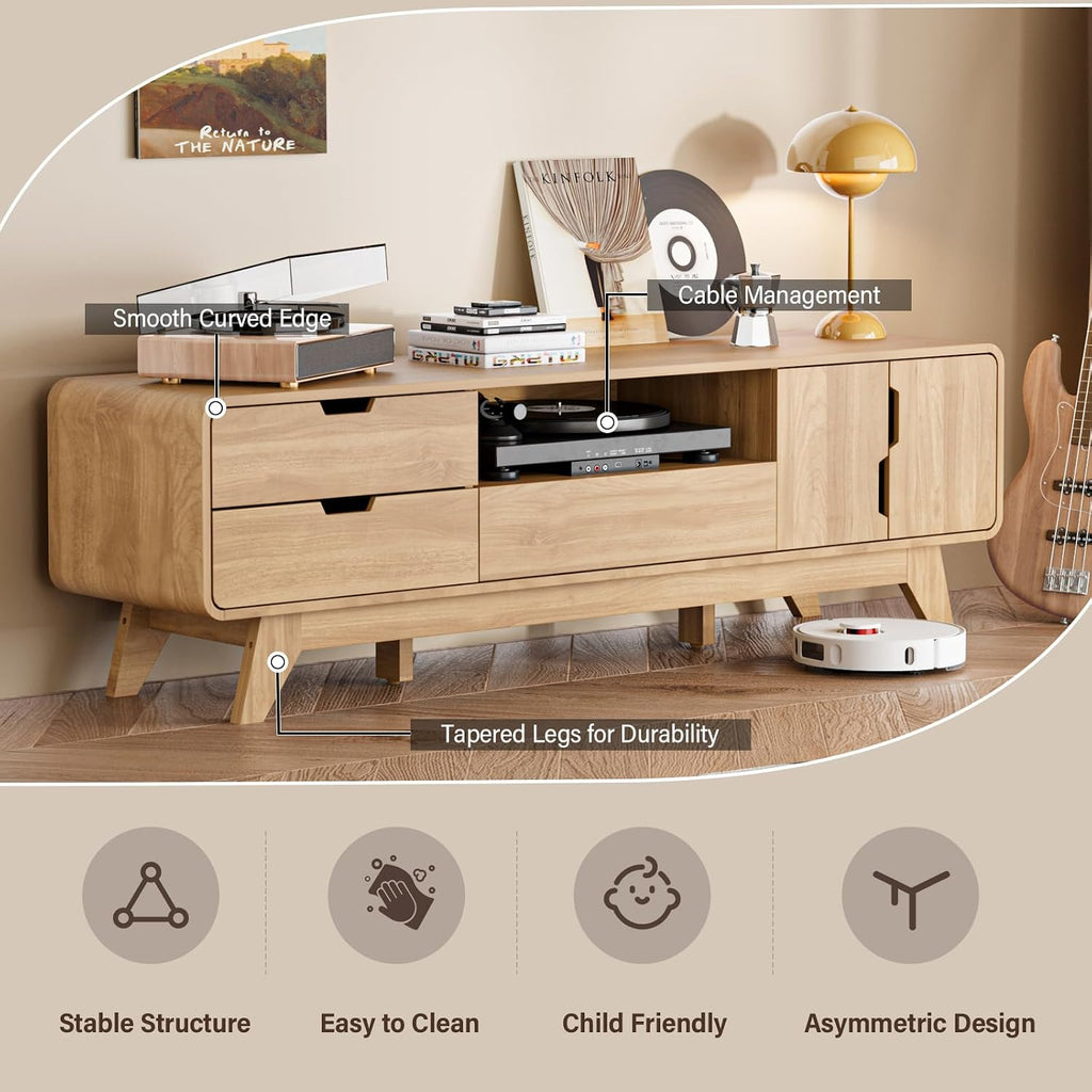BREEZEHEAT 63' Wood TV Stand, Mid Century Modern TV Stands for TVs up to 70 inch, Entertainment Center with Storage Cabinet and 3 Drawers, Media and TV Console for Living Room, Natural Oak