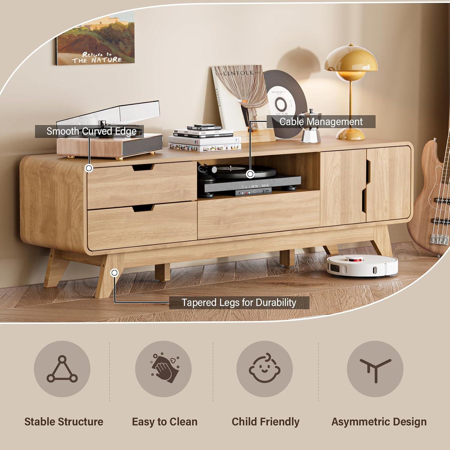 BREEZEHEAT 63' Wood TV Stand, Mid Century Modern TV Stands for TVs up to 70 inch, Entertainment Center with Storage Cabinet and 3 Drawers, Media and TV Console for Living Room, Natural Oak