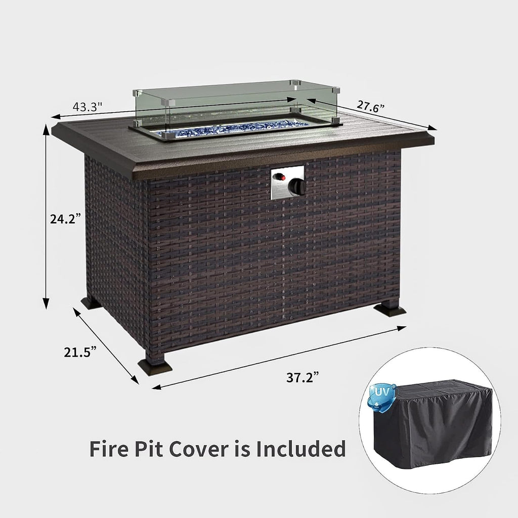 43' Propane Fire Pit Table 55,000 BTU, Gas Fire Pit with Glass Wind Guard and Metal Lid,CSA Certification Outdoor Fire Pit Auto-Ignition